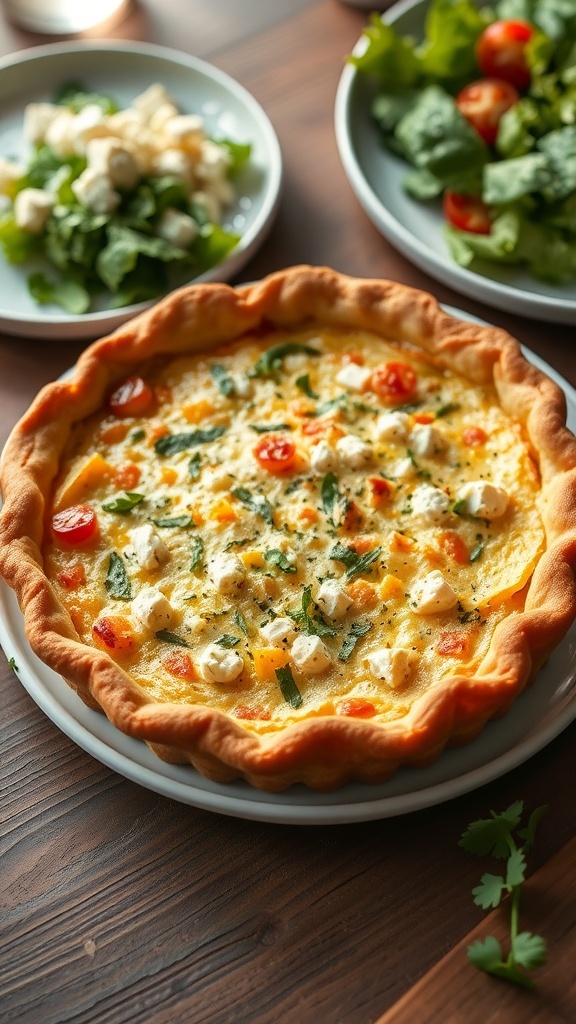 A slice of three cheese quiche with a flaky crust, filled with cheddar, mozzarella, and feta, served with a side salad.